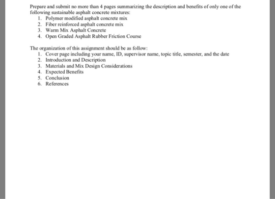 Prepare and submit no more than 4 pages summarizing the description and benefits of only one of the following sustainable asp