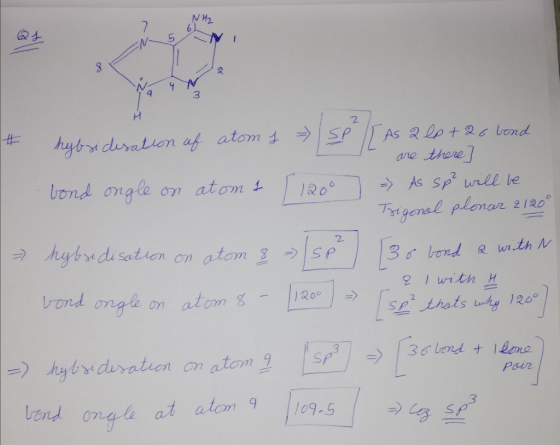 NH₂ Ņa # E hybridisation of atom j -> I bond ongle on atom 1 1 As a lp +26 bond are there 7 - As sp² will be Trigonal plora