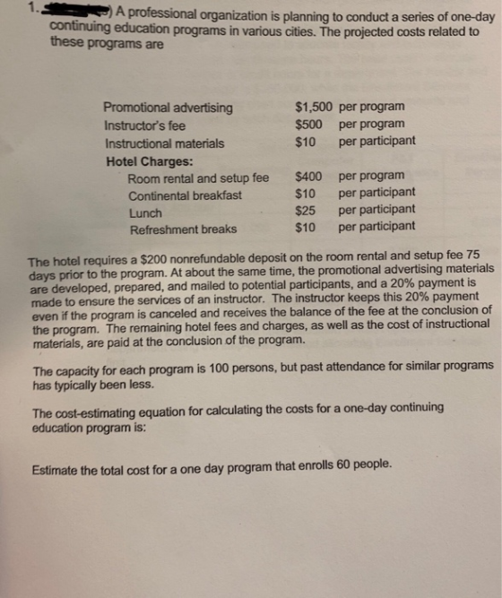 A professional organization is planning to conduct a series of one-day continuing education programs in various cities. The p