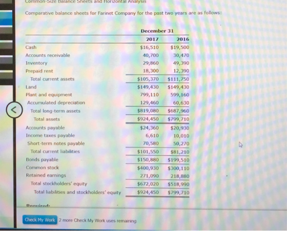 Common-Size Balance Sheets and Horizontal Analysis Comparative balance sheets for Farinet Company for the past two years are