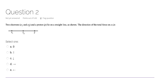 Question 2 Not yet answered Points out of 5.00 P Flag question Two electrons (ej and ey) and a proton (p) lie on a straight l