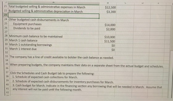 21 Total budgeted selling & administrative expenses in March 22 Budgeted selling & administrative depreciation in March $12,5