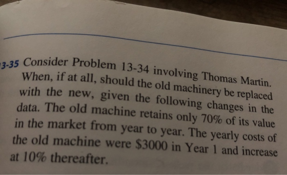 3-35 Consider Proble Consider Problem 13-34 involving Thomas Martin. When, if at all, should the old machinery be replaced wi