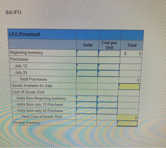 (b)LIFO LIFO (Perpetual) Cost per Units Total Unit 1 69 Beginning Inventory Purchases July 13 July 25 Total Purchases Goods A
