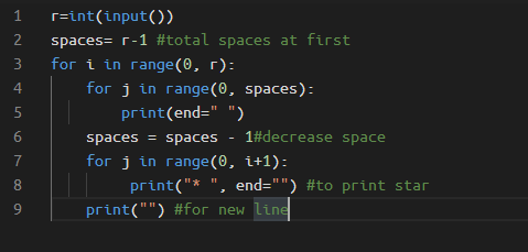 1 2 الا 4 5 r=int(input) spaces= r-1 #total spaces at first for i in range(0, 1): for j in range(0, spaces): print(end= ) s