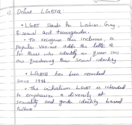 1 Define LGBTQ : • LGBT stands for Lesbian, Gay, Bisexuel and transgender • To recognise this inclusion, a popular Variant ad