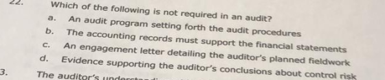 Which of the following is not required in an audit? a. An audit program setting forth the audit procedures b. The accounting
