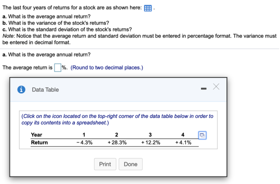 The last four years of returns for a stock are as shown here: B. a. What is the average annual return? b. What is the varianc