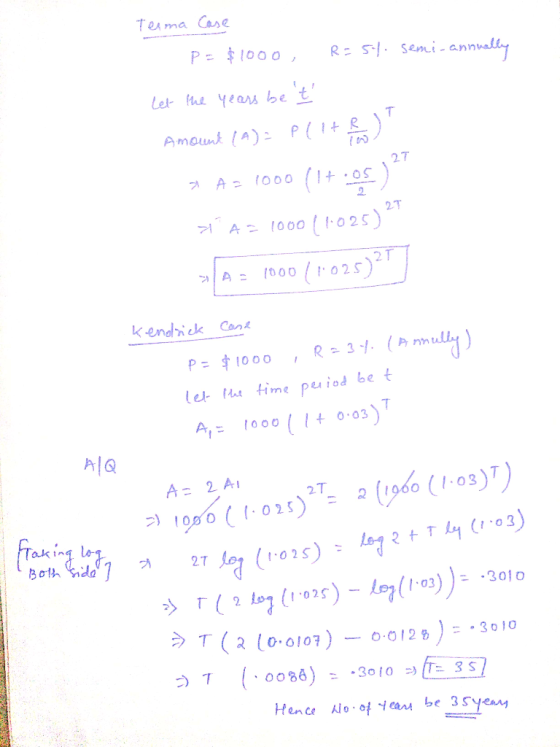 Terma Case P= $1000, R= 54. semi-annually Let the years be t Amount (A)2. plit ). * A = 1000 (1+.os) 1 AP100011025) A = 1000