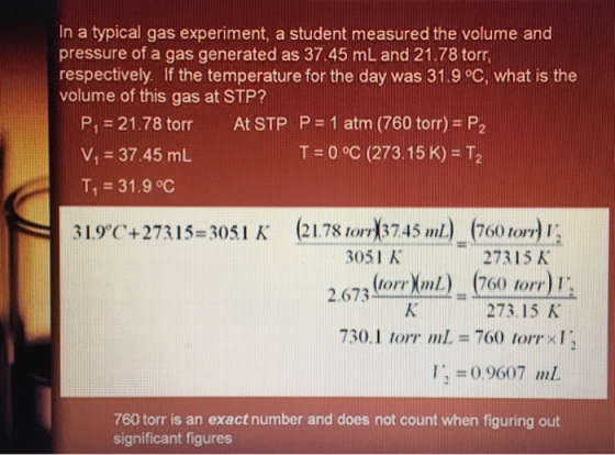 In a typical gas experiment, a student measured the volume and pressure of a gas generated as 37.45 mL and 21.78 torr, respec