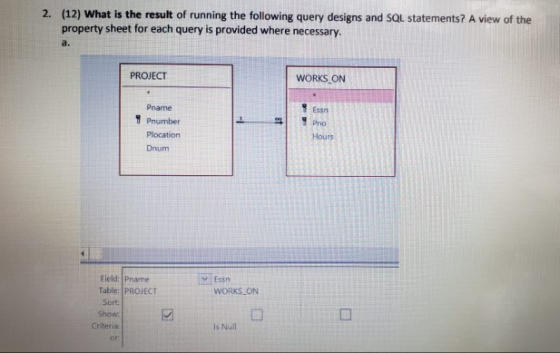 2. (12) What is the result of running the following query designs and SQL statements? A view of the property sheet for each q