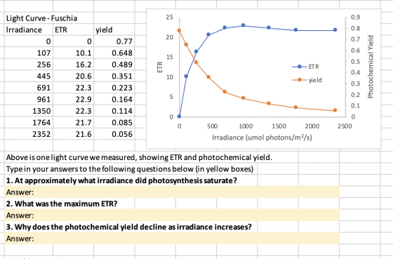 25 0 ETR - ETR Light Curve - Fuschia Irradiance ETR 0 107 10.1 256 16.2 445 20.6 691 22.3 961 22.9 1350 22.3 1764 21.7 2352 2