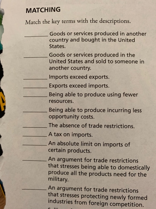 MATCHING Match the key terms with the descriptions. Goods or services produced in another country and bought in the United St