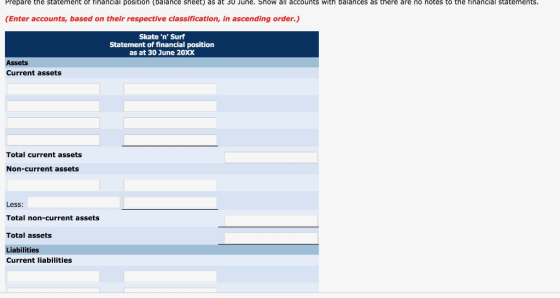 Prepare the statement of financial position (balance sheet) as at 30 June. Show all accounts with b ce sheet) as at 30 June.