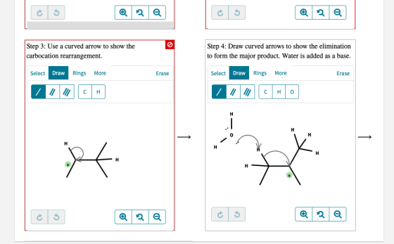 Qlala @ 2 a els Q/21@ Step 3: Use a curved arrow to show the carbocation rearrangement. Step 4: Draw curved arrows to show th