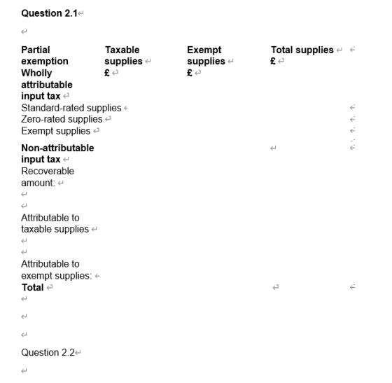 Question 2.1 Exempt supplies - Total supplies £e Partial Taxable exemption supplies Wholly attributable input tax Standard-ra