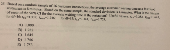 25. Based on a random sample of 16 customer transactions, the average customer waiting time at a fast food restaurant is 8 mi