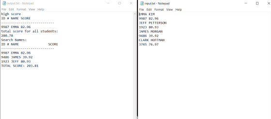 - D X - 0% output.txt - Notepad File Edit Format View Help high score ID # NAME SCORE Help ----------- 1 input.txt - Notepad