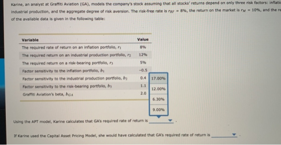 Karine, an analyst at Graffiti Aviation (GA), models the companys stock assuming that all stocks returns depend on only thr