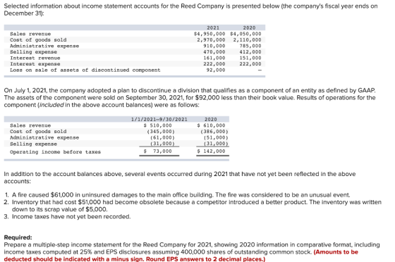 Selected information about income statement accounts for the Reed Company is presented below (the companys fiscal year ends