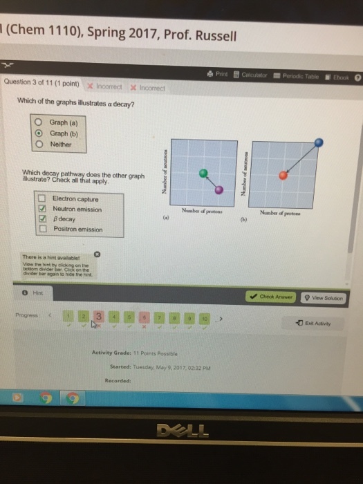l (Chem 1110), Spring 2017, Prof. Russell Print B Calculator Periodic Table NEbook Question 3 of 11 point x Incorrect X Incorrect Which of the graphs illustrates a decay? O Graph (a) O Graph (b) O Neither Which decay pathway does the other graph Electron capture Neutron emission Number protone Number protons B decay Positron emission There is a hint avalable! divider bar again to hide the hin. Hint Check Answer Q View Solution Progress Exit Activity Activity Grades 11 points possible started: Tuesday, May 9, 2017.02:32 pM
