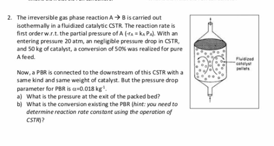 2. The irreversible gas phase reaction A B is carried out isothermally in a fluidized catalytic CSTR. The reaction rate is fi