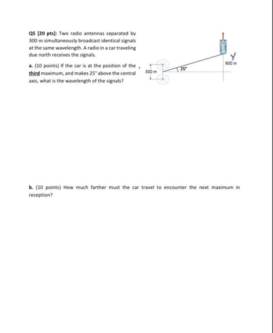 Q5 (20 pts): Two radio antennas separated by 300 m simultaneously broadcast identical signals at the same wavelength. A radio