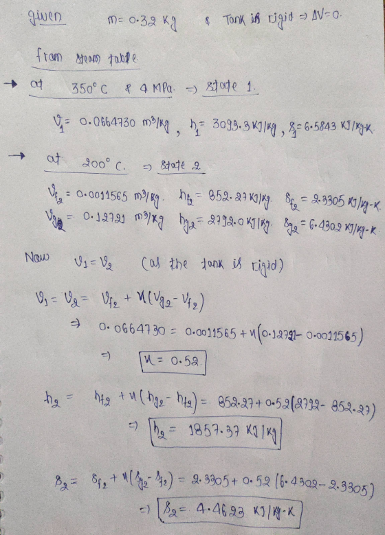 Tank in rigid - AV-O 200°C he 852.29 KI]KY 2.3305 KI]n-K. . 2=2792.0kging. 39 = 6.4302 KJ/kg-K. 2.3305 + 0.52 (6.4302-2.9305)