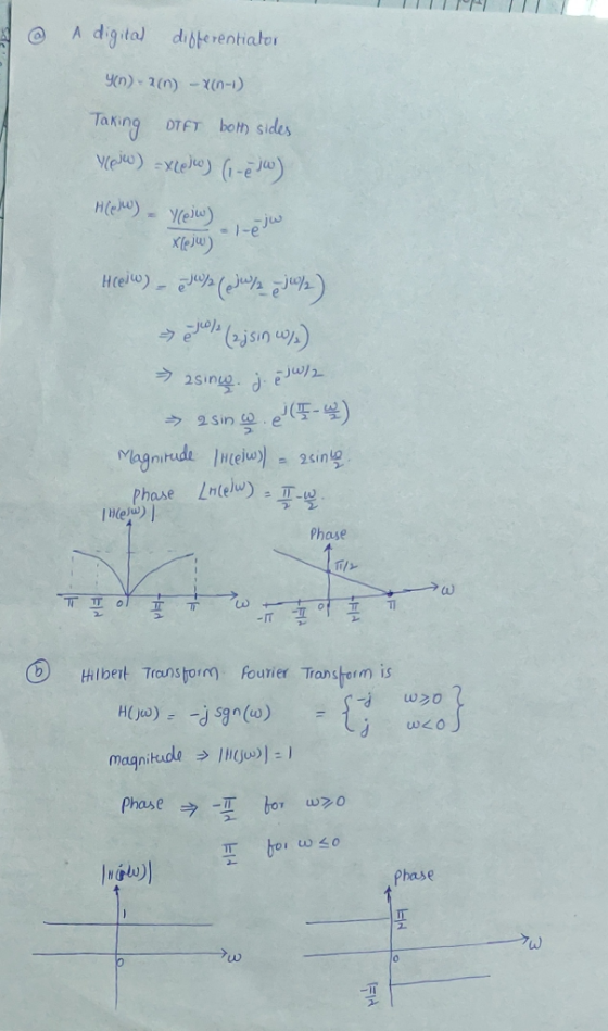 @ A digital differentiator Y(n)-2/n) - Y(n-1) Taking OTFT both sides Y(qi) = xLoj) (-ėja) H(a)w) - Yleiw) lejw Xleiwgol-ea He