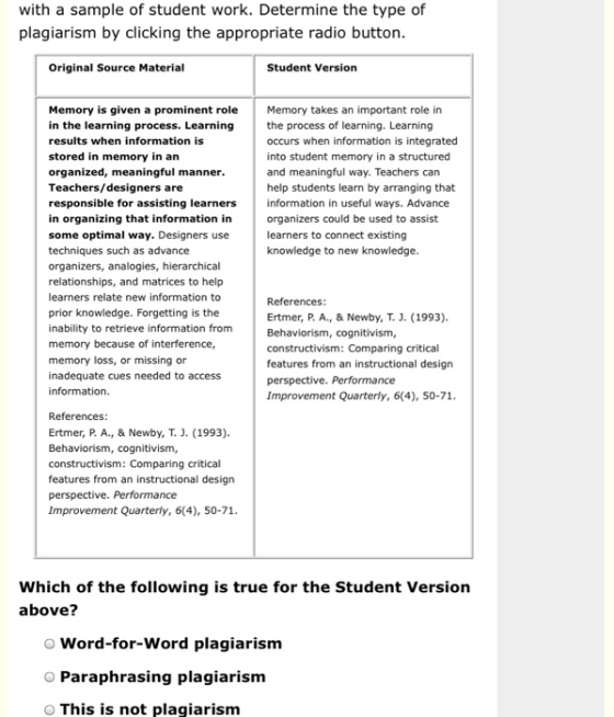 with a sample of student work. Determine the type of plagiarism by clicking the appropriate radio button. Original Source Mat
