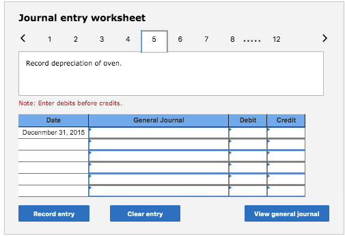 Journal entry worksheet < 1 2 3 4 5 6 7 8 ..... 12 > Record depreciation of oven. Note: Enter debits before credits. General