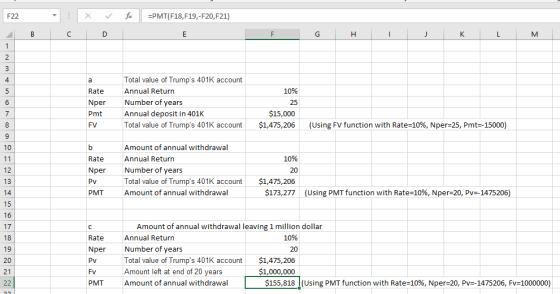 F22 : fic =PMT(F18,719,-F20,F21) F G H I Rate Nper Pmt FV Total value of Trumps 401K account Annual Return Number of years A