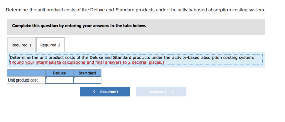 Determine the unit product costs of the Deluxe and Standard products under the activity-based absorption costing system. Comp