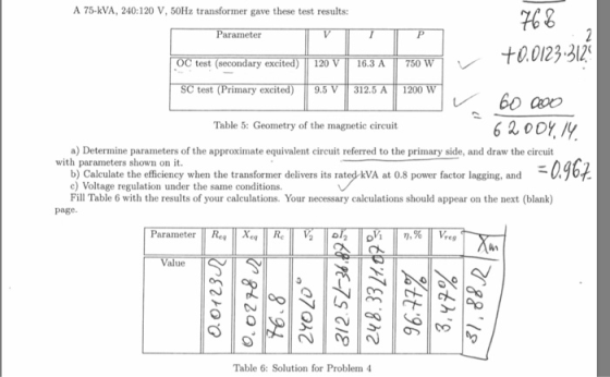 A 75-KVA, 240:120 V, 50Hz transformer gave these test results: Parameter V Гр 766 +0.0123.312 OC test (secondary excited) 120