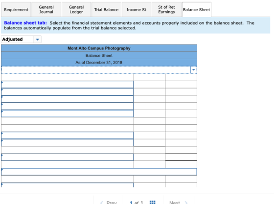 Requirement General Journal General Ledger Trial Balance Income St St of Ret Earnings Balance Sheet Balance sheet tab: Select