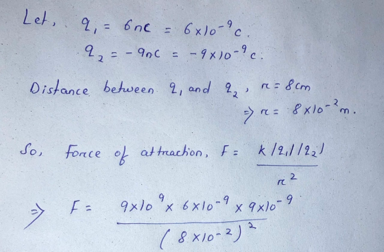 Let q = 6ne C, 6x/0-9c 2 = - 966 -9410-9 c: Distance between 2, and 22. re=8com re= 8x102m. So, Force of attraction, fa K 12,