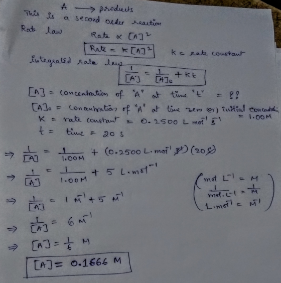 A produeuts a second oder eaution This is Rate law Rata CA2 Rate KTA futegraled Aata lap 17 k sate Coustaur 1 +kt [AJ A1- Con