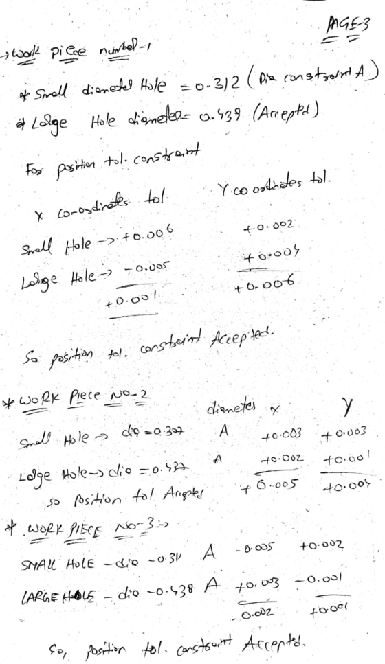 PAGE 3 work piece numbel-1 A Small dienetel Hole = 0.3/2 (Pie constraint A) Lage Hole diameter: 0.438 (Accepted) For position