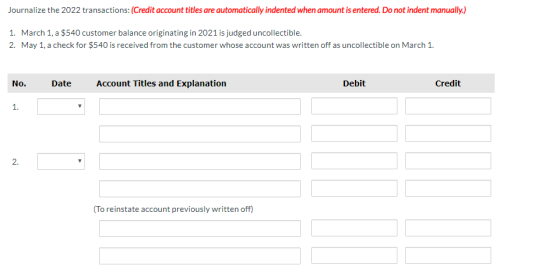 Journalize the 2022 transactions: (Credit account titles are automatically indented when amount is entered. Do not indent man