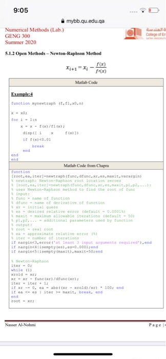 العقدة College of 9:05 mybb.qu.edu.ca Numerical Methods (Lab.) GENG 300 Summer 2020 5.1.2 Open Methods - Newton-Raphson Metho
