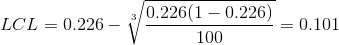 LCL=0.226-\sqrt[3]{\frac{0.226(1-0.226)}{100}}=0.101