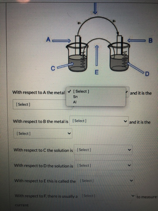 A B C с E D With respect to A the metal and it is the ✓ [Select) Sn ΑΙ (Select) With respect to B the metal is (Select] and i