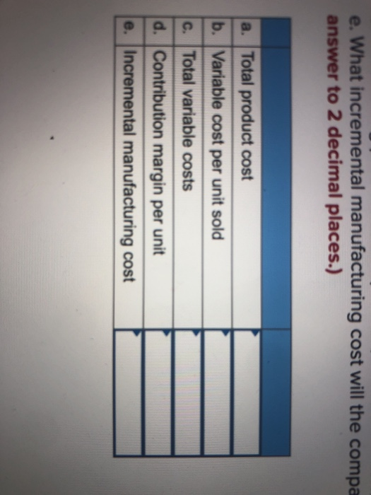 e. What incremental manufacturing cost will the compa answer to 2 decimal places.) a. Total product cost b. Variable cost per