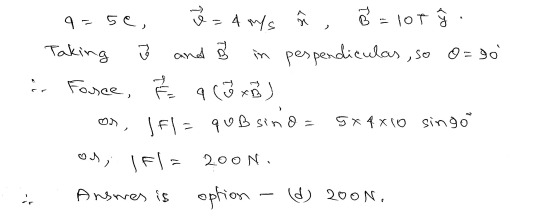 Pi N = lot rg and q=5e, &= 4 m/s Taking in pespendiculas, so O=go ir Force, & qu x B) 5x4X10 singo Ifl= qub sino os, IFLI 20