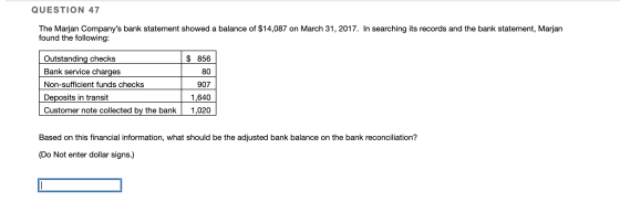 QUESTION 47 The Marjan Companys bank statement showed a balance of $14,087 on March 31, 2017. In searching its records and t