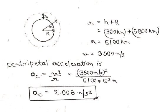 rah&R ? (300km) +(5800 kom) ,943 6100 km r = 3 500 m/s centripetal acceleration is 2 (3500 m/s)2 achte z 9100*103 m ac - 2.00