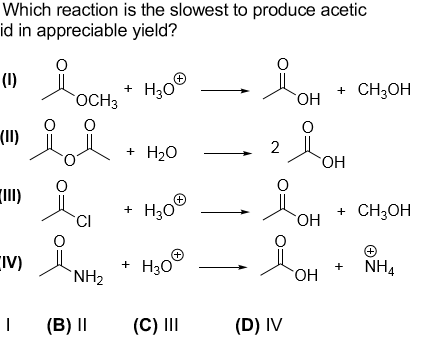Which reaction is the slowest to produce acetic id in appreciable yield? (1) to ochę + H30Ⓡ OH + CH3OH + H20 ОН - Le 40 2 LOH