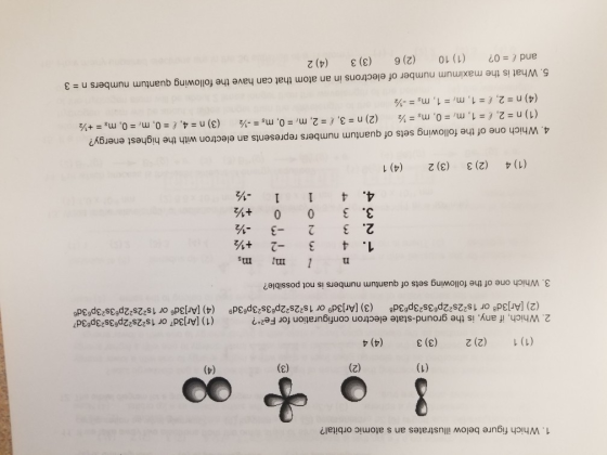 1. Which figure below illustrates ans atomic orbital? (1) (2) (3) (1) 1 (2) 2 (3) 3 (4) 4 2. Which, if any, is the ground-sta