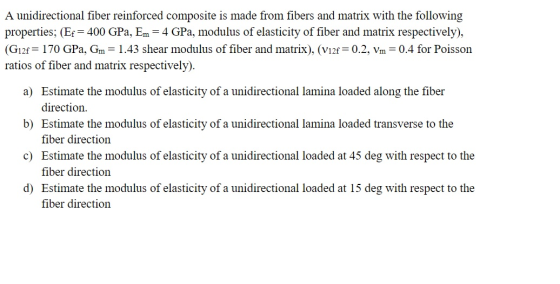 A unidirectional fiber reinforced composite is made from fibers and matrix with the following properties; (Ef= 400 GPa, Em =