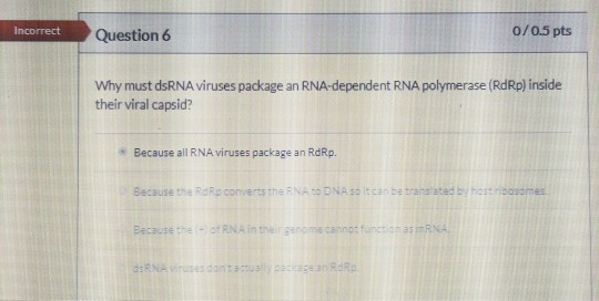 Incorrect Question 6 0/0.5 pts Why must dsRNA viruses package an RNA-dependent RNA polymerase (RdRp) inside their viral capsi